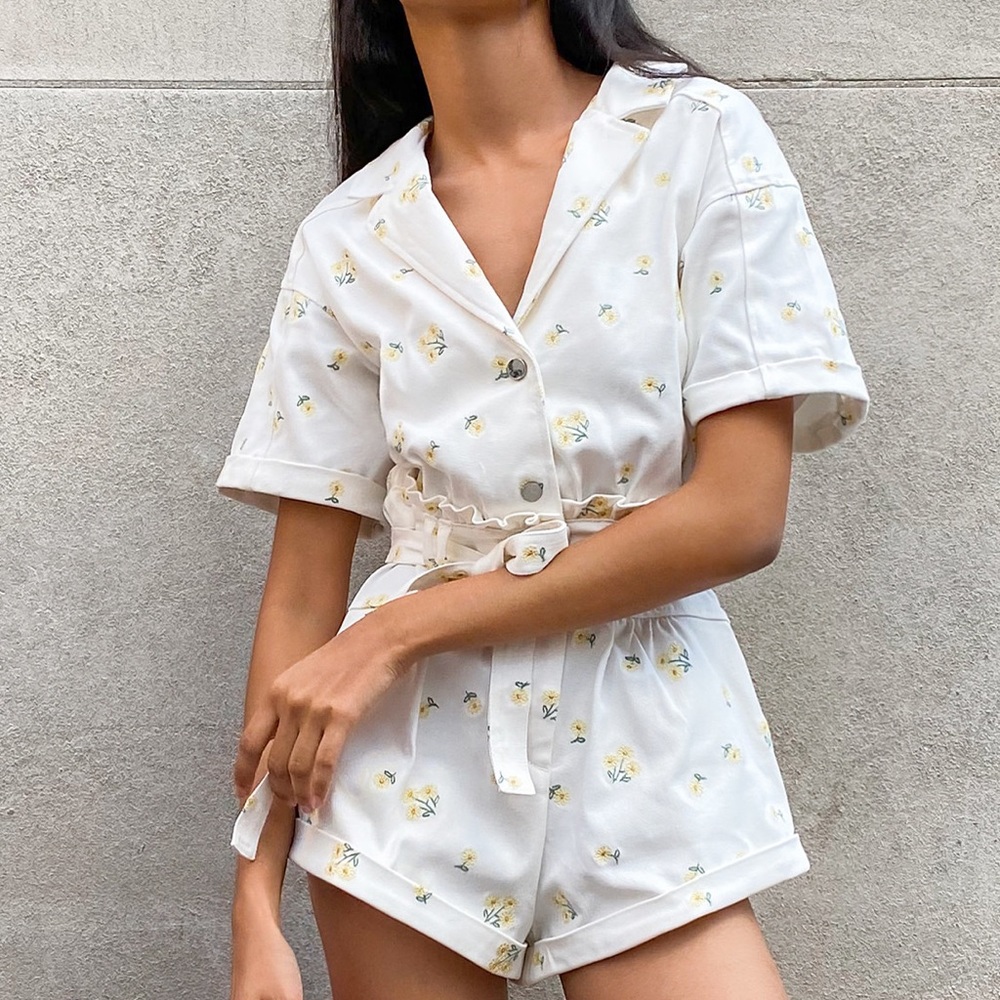 For Love & Lemons Floral White Jean Romper